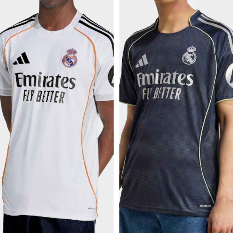 Maglia Real Madrid 2025/26 casa bianca e trasferta blu scuro con dettagli gialli e design ispirato al Bernabéu