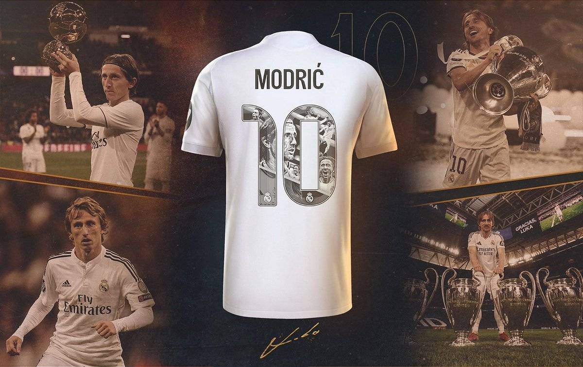 Maglia Luka Modric Real Madrid numero 10 con trofei Champions League e immagini celebrative del campione